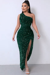 Robe longue de soirée asymétrique à paillettes scintillantes et fente haute - Vert émeraude